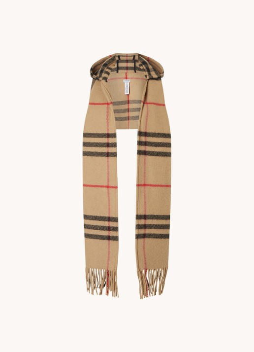 Burberry Sjaal in kasjmierblend met ruitdessin en capuchon 210 x 30 cm - voorkant beige