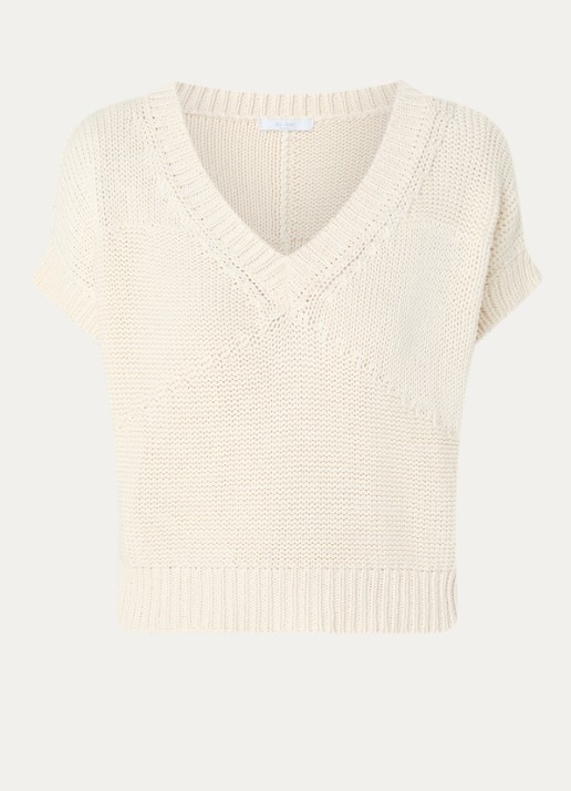 by-bar Anna grofgebreide spencer met V-hals - voorkant creme