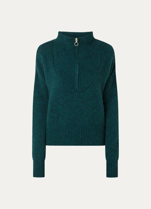 by-bar Beau grofgebreide trui in alpaca wolblend met halve rits - voorkant 2 donkergroen