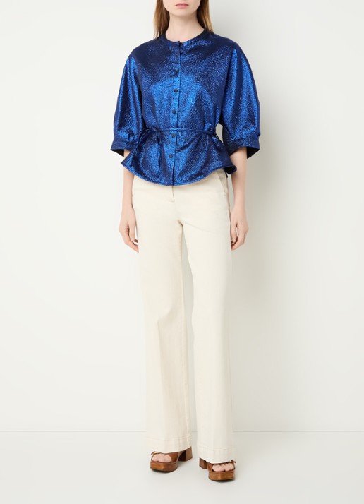 by-bar Christi blouse met lurex en strikdetail - voorkant 3 donkerblauw