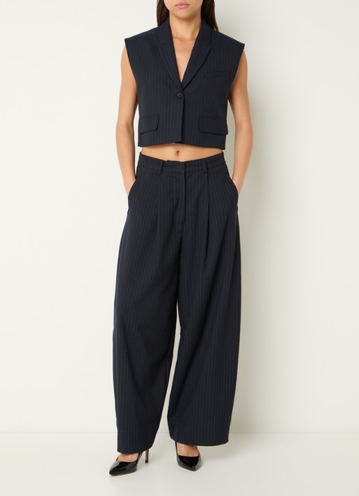 by-bar Frida high waist wide fit pantalon met krijtstreep  - voorkant 4 donkerblauw