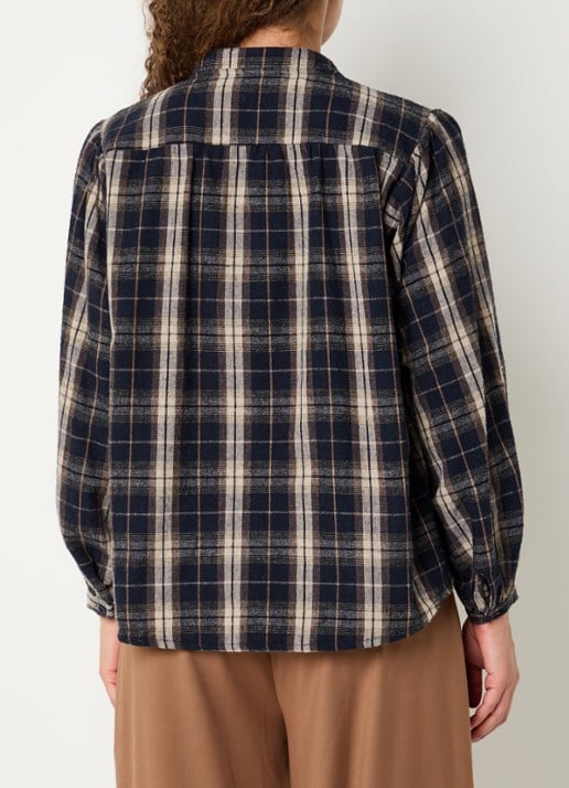 by-bar Jagger blouse met ruitdessin en ronde hals - achterkant donkerblauw