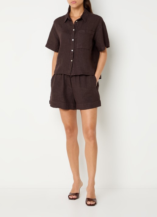 by-bar Lio high waist straight fit korte broek van linnen met trekkoord - voorkant 3 bruin