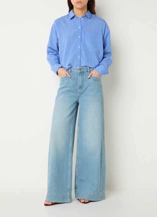 by-bar Lise blouse met streepprint en borstzak - voorkant 4 blauw
