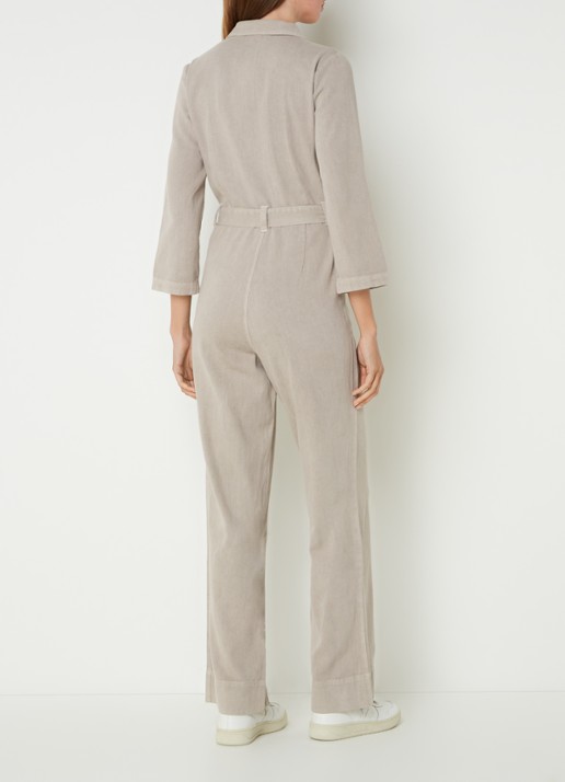 by-bar Louise straight fit jumpsuit van denim met ceintuur - achterkant 4 donkerbeige