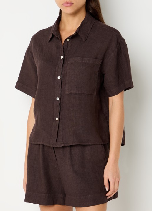 by-bar Mara cropped blouse van linnen met borstzak