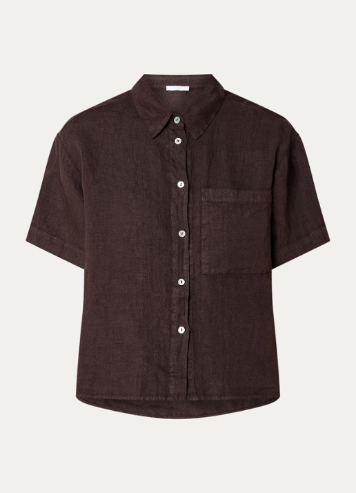 by-bar Mara cropped blouse van linnen met borstzak - voorkant 2 donkerbruin