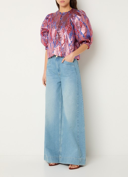 by-bar Mauri blouse met jacquard dessin en lurex - voorkant 4 koraalroze