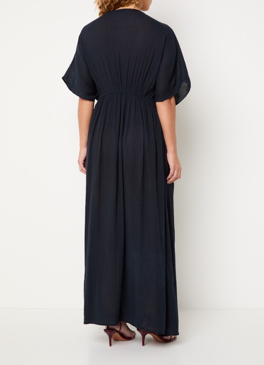 by-bar Maxi jurk met strikceintuur en V-hals - achterkant 4 donkerblauw