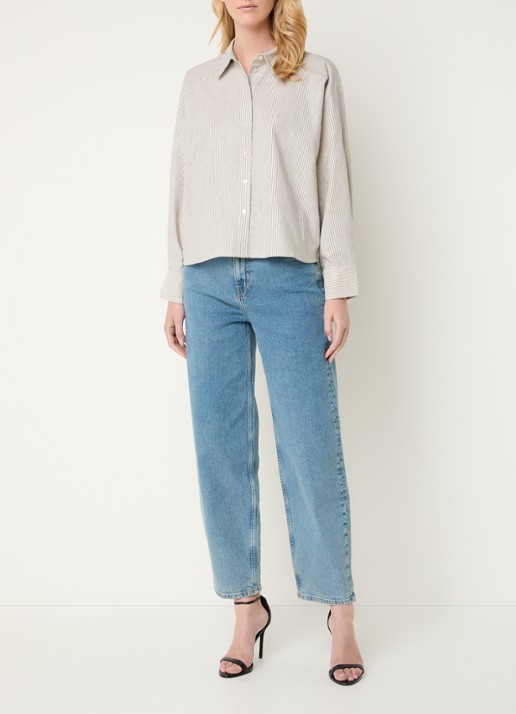 by-bar Nima blouse in linnenblend met lurex en streepprint - voorkant 3 donkerblauw