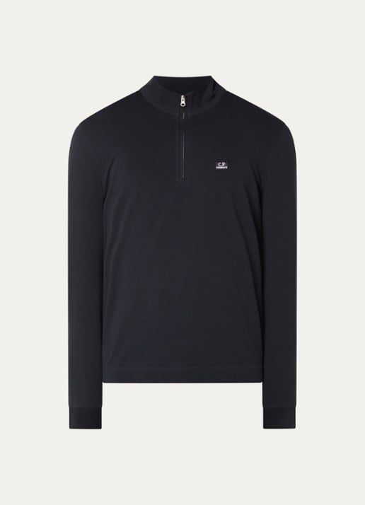 C.P. Company Slim fit polo van piqué katoen met halve rits en logo - voorkant 3 donkerblauw