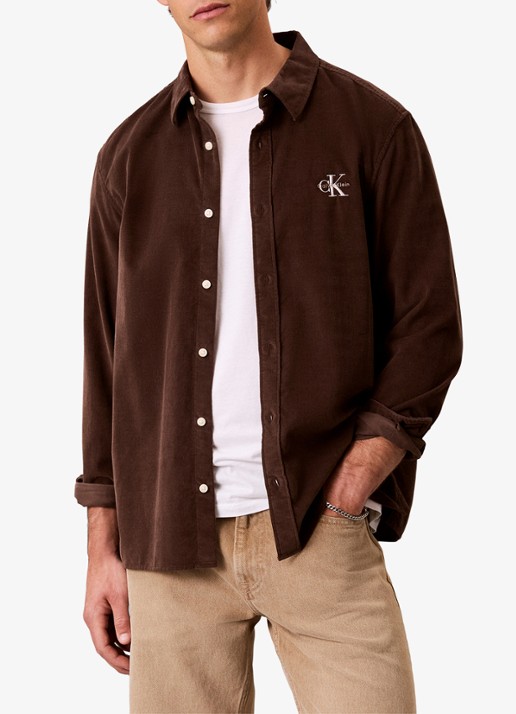 Calvin Klein Comfort fit overhemd van corduroy met borstzak - detail kastanjebruin