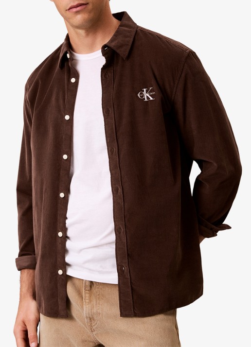 Calvin Klein Comfort fit overhemd van corduroy met borstzak - detail 3 kastanjebruin