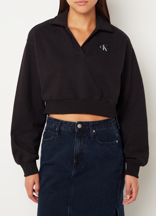 Calvin Klein Cropped sweater met logo  - detail zwart