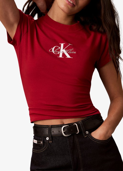 Calvin Klein Cropped T-shirt met logo - detail donkerrood