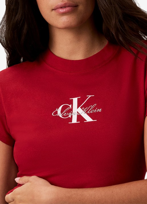Calvin Klein Cropped T-shirt met logo - detail 2 donkerrood