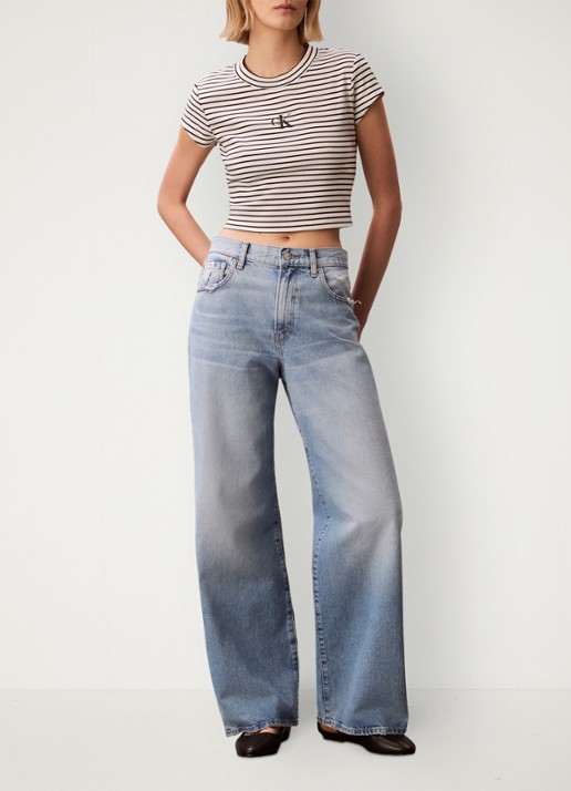 Calvin Klein Cropped T-shirt met logoborduring en streepprint - voorkant 5 zwart
