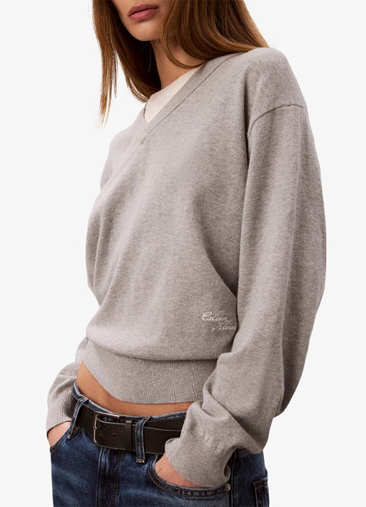 Calvin Klein Fijngebreide trui met logoborduring - detail 3 lichtgrijs
