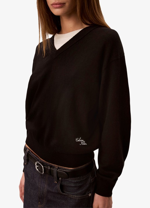 Calvin Klein Fijngebreide trui met logoborduring - detail 3 zwart