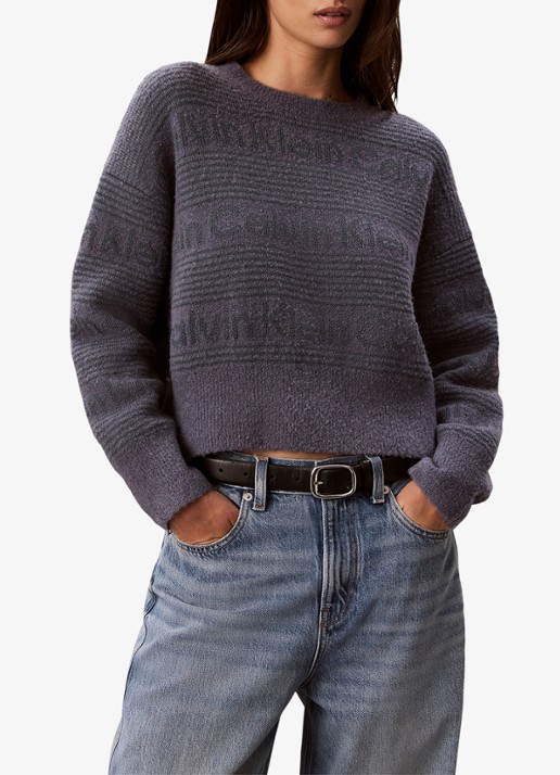 Calvin Klein Grofgebreide trui in wolblend met ingebreid patroon - detail 4 donkergrijs