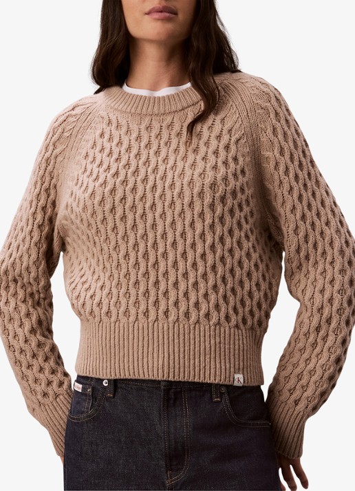 Calvin Klein Kabelgebreide trui in merino wolblend - detail 3 donkerkhaki