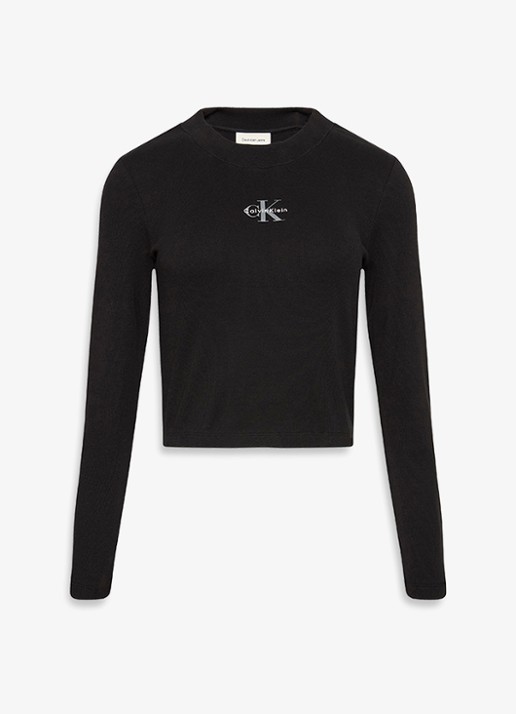Calvin Klein Longsleeve top met logo en ronde hals - voorkant 2 zwart