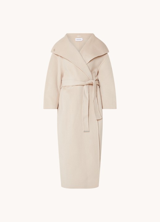 Calvin Klein Mantel van wol met strikceintuur en steekzakken - voorkant beige
