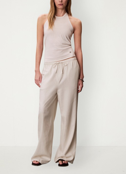 Calvin Klein Mid waist wide fit pantalon in linnenblend - voorkant 2 beige