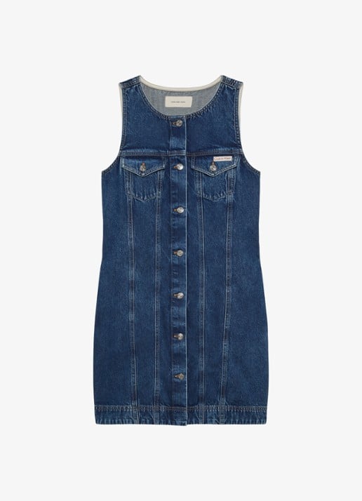 Calvin Klein Mini denim jurk met borstzakken - voorkant donkerblauw