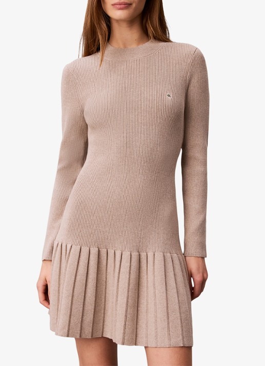 Calvin Klein Mini ribgebreide plooi jurk met logo - detail donkerbeige