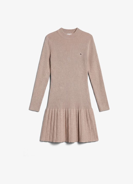 Calvin Klein Mini ribgebreide plooi jurk met logo - voorkant 5 donkerbeige