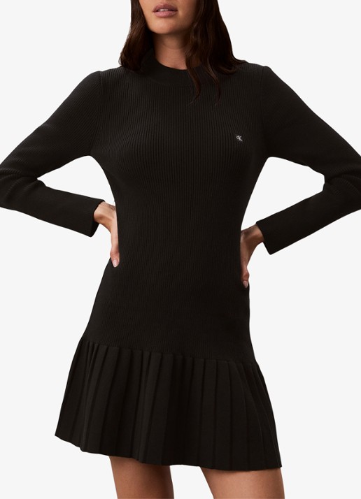 Calvin Klein Mini ribgebreide plooi jurk met logo - detail zwart