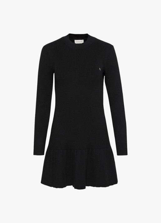 Calvin Klein Mini ribgebreide plooi jurk met logo - voorkant 5 zwart