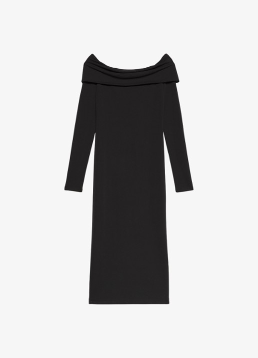 Calvin Klein Off shoulder midi jurk - voorkant 2 zwart