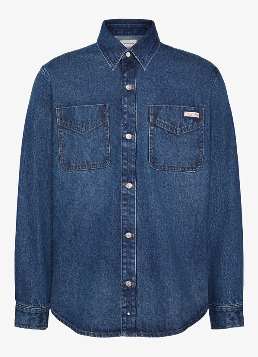 Calvin Klein Overshirt van denim met borstzakken - voorkant 2 indigo