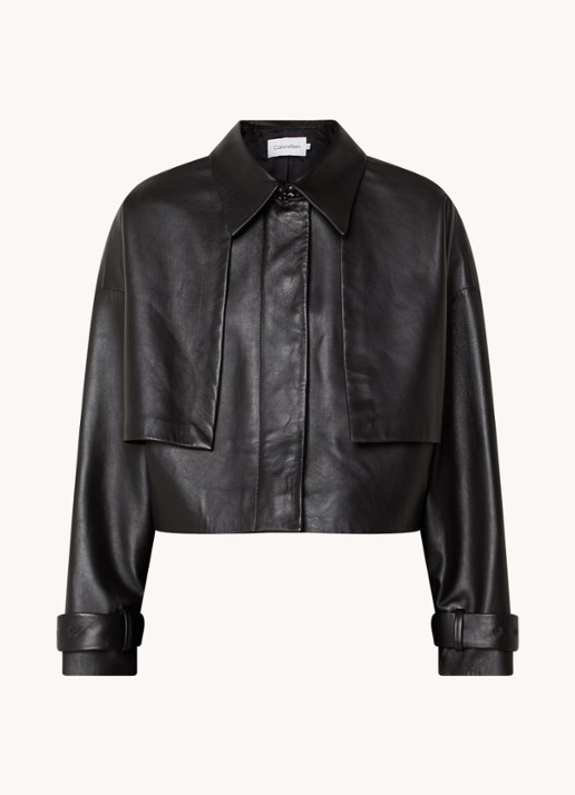 Calvin Klein Oversized cropped bikerjack van lamsleer - voorkant 2 zwart