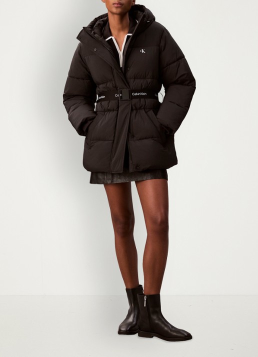 Calvin Klein Puffer jas met ceintuur en logo - voorkant 6 zwart
