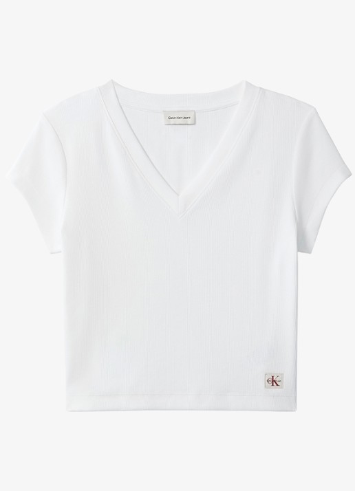Calvin Klein Ribgebreid cropped T-shirt met V-hals - voorkant 4 bright white-yaa /  wit