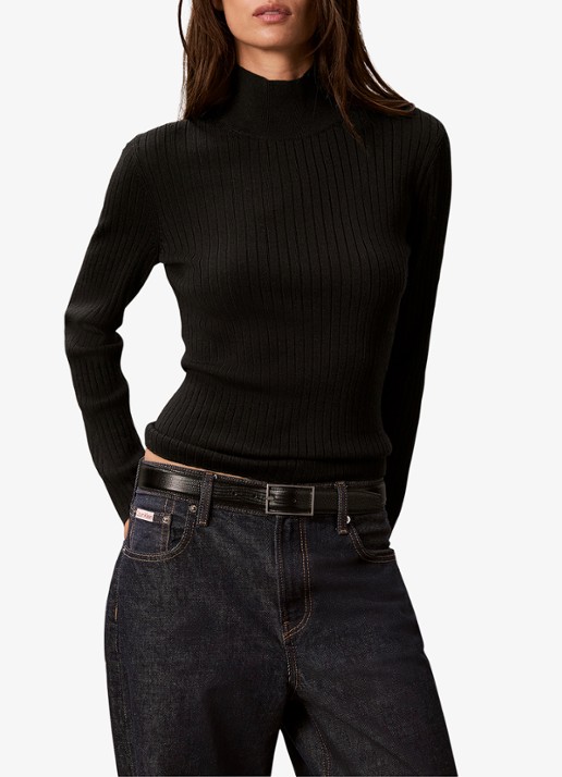 Calvin Klein Ribgebreide coltrui van merinowol - detail 3 zwart