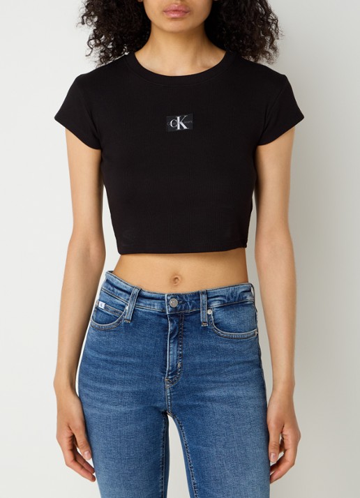 Calvin Klein Ribgebreide crop top met logo - detail 4 zwart