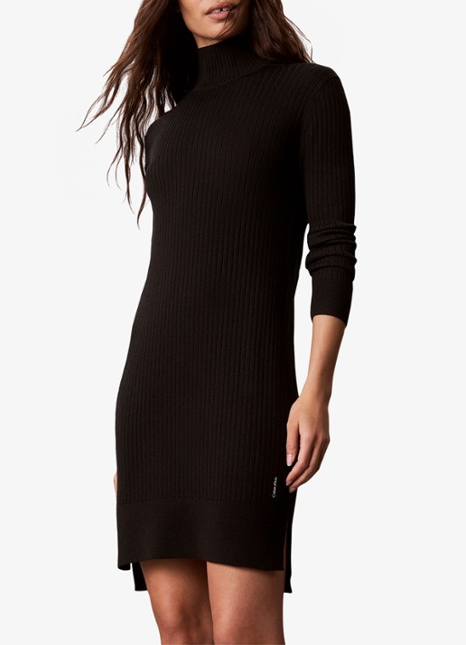 Calvin Klein Ribgebreide mini trui-jurk van merinowol met split - detail 4 zwart