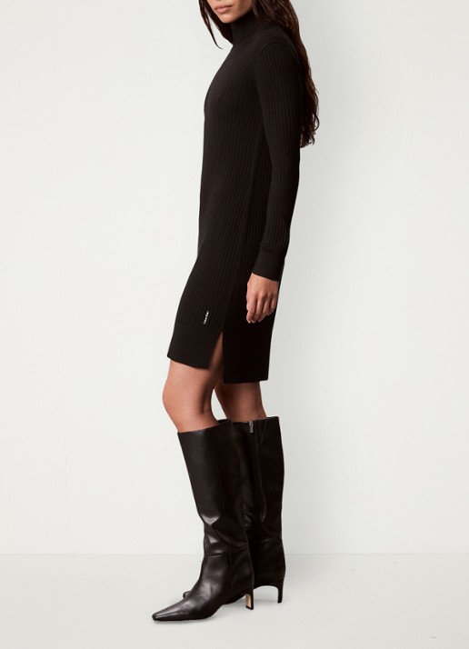 Calvin Klein Ribgebreide mini trui-jurk van merinowol met split - detail 7 zwart