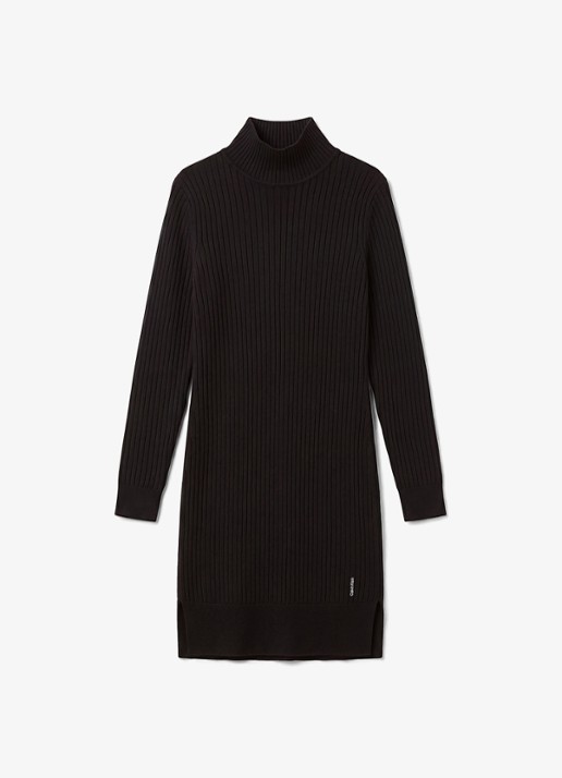 Calvin Klein Ribgebreide mini trui-jurk van merinowol met split - voorkant 2 zwart