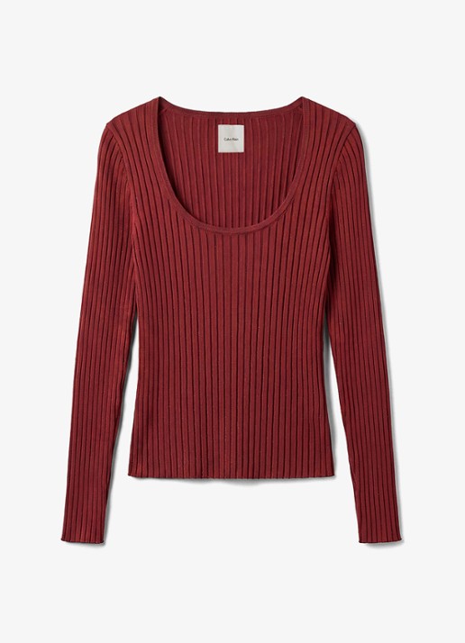 Calvin Klein Ribgebreide top met lurex - voorkant oranjebruin