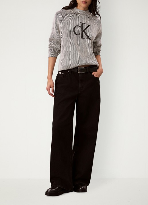 Calvin Klein Ribgebreide trui met grafische logoprint - voorkant 2 zwart