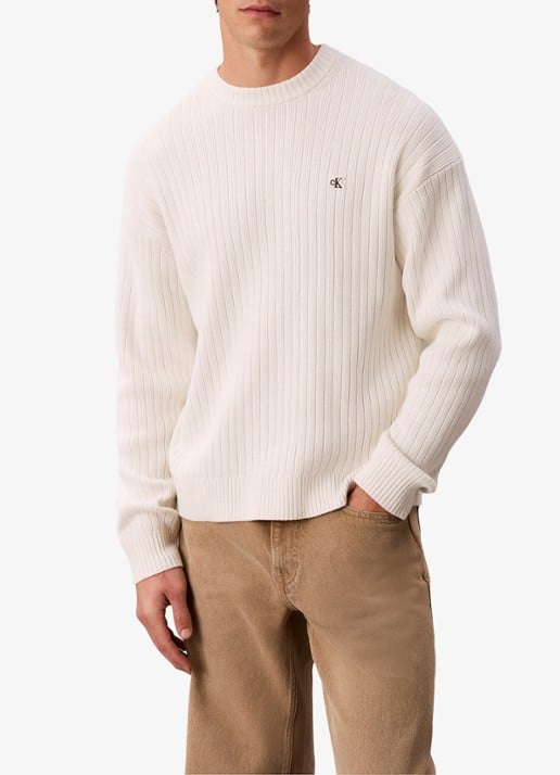 Calvin Klein Ribgebreide trui met logo - detail 3 ivoor