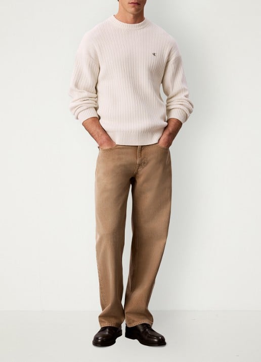 Calvin Klein Ribgebreide trui met logo - voorkant 2 ivoor
