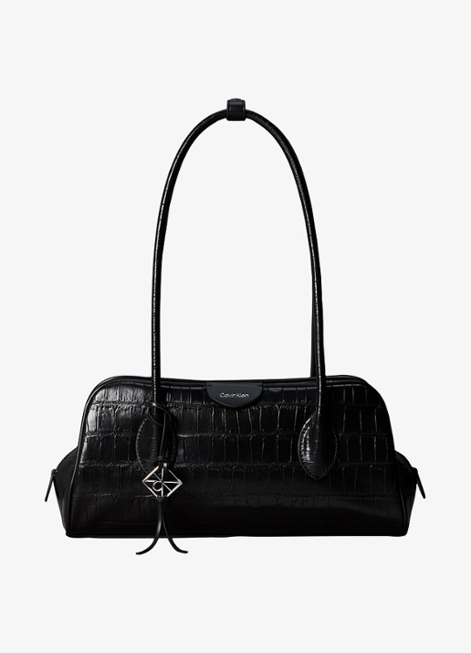 Calvin Klein Schoudertas met crocostructuur en tasbedel - voorkant zwart