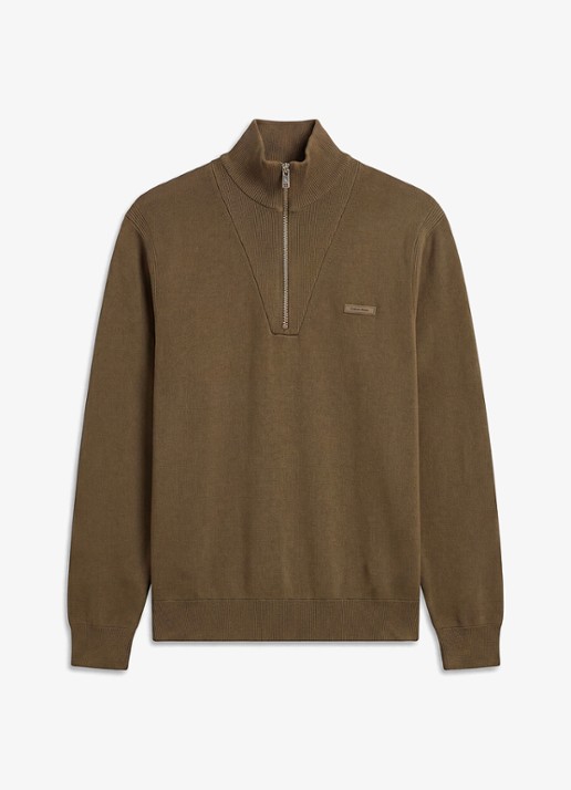 Calvin Klein Sweater met halve rits - voorkant 6 olijfgroen