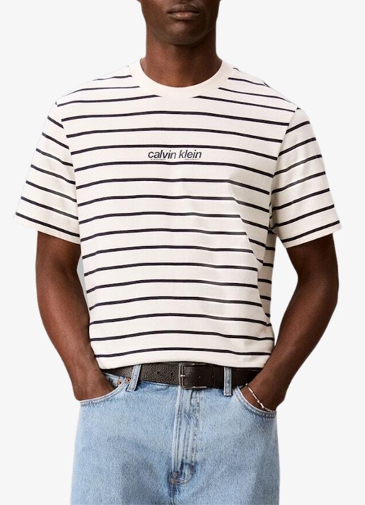 Calvin Klein T-shirt met streepprint - detail 2 tofu-yas /  wit